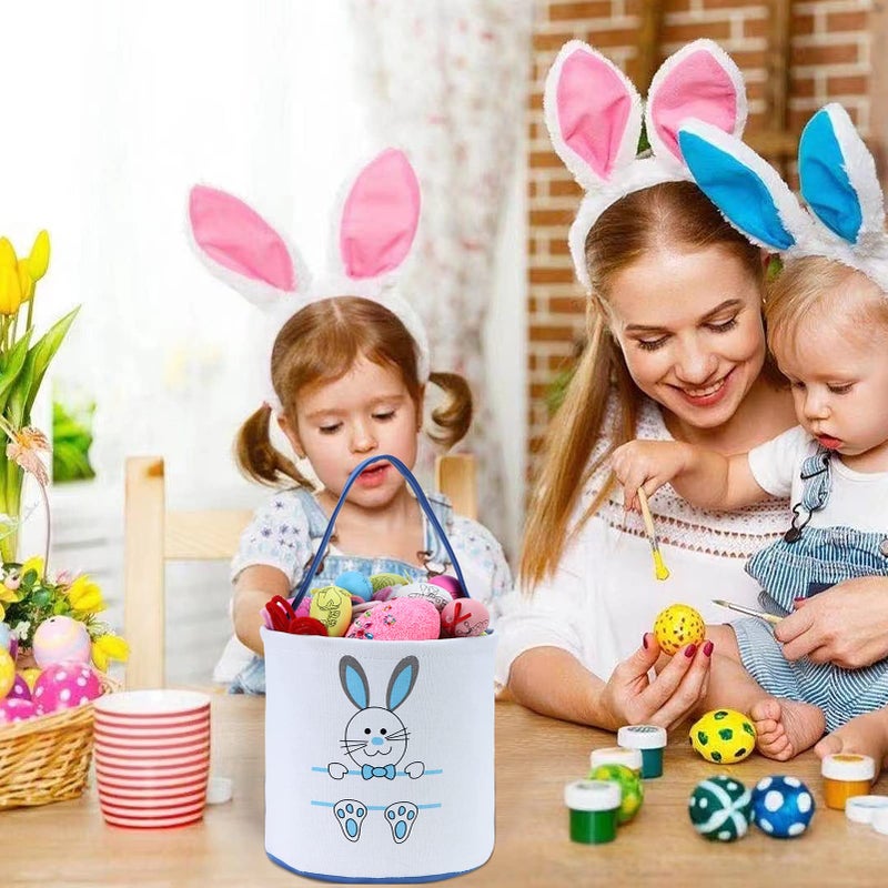 XinblueCo Easter Bunny Basket Egg Bags for Kids,Canvas Cotton Personalized Candy Egg Basket Rabbit Print Buckets with Fluffy Tail Gifts Bags for Easterâ€¦â€¦ - Image 5